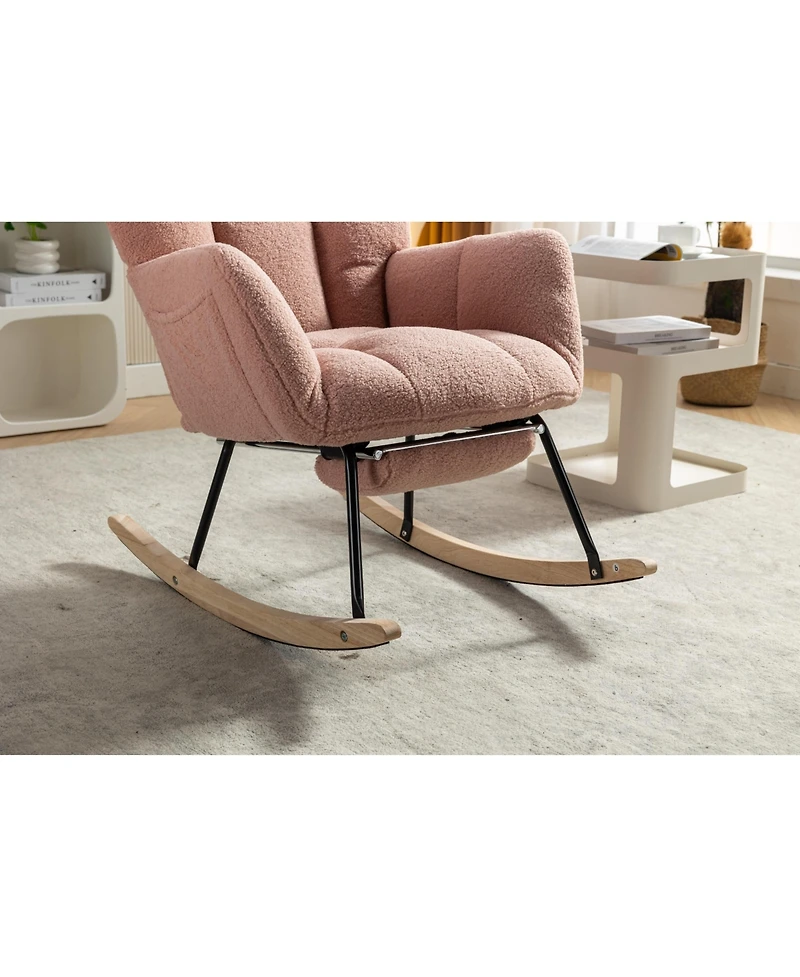 Streamdale Teddy Fabric Rocking Chair With Adjustable Footrest,Pink