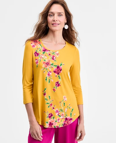 Jm Collection Petite Floral 3/4-Sleeve Top, Exclusively at Macy's