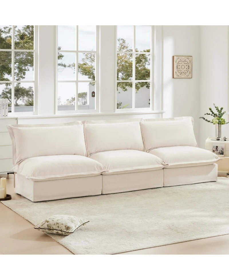 Modern Upholstered 3-Seater Sofa Couch, Armless, Chenille Fabric, Cream