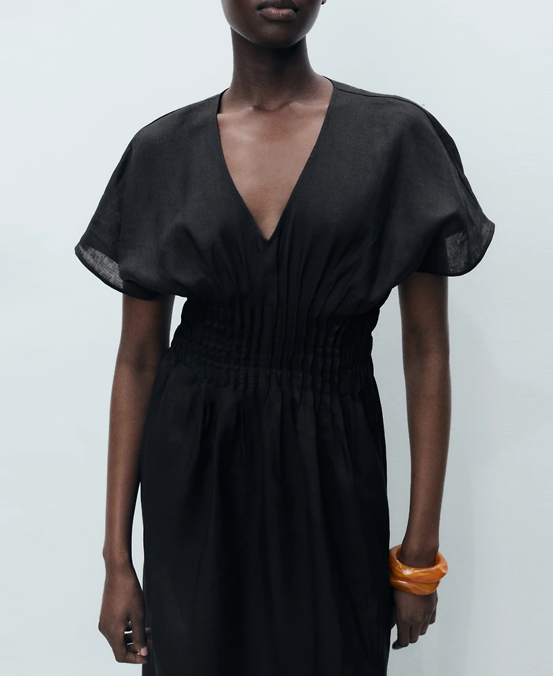 Mango Women's Gathered Panel Long Linen Dress