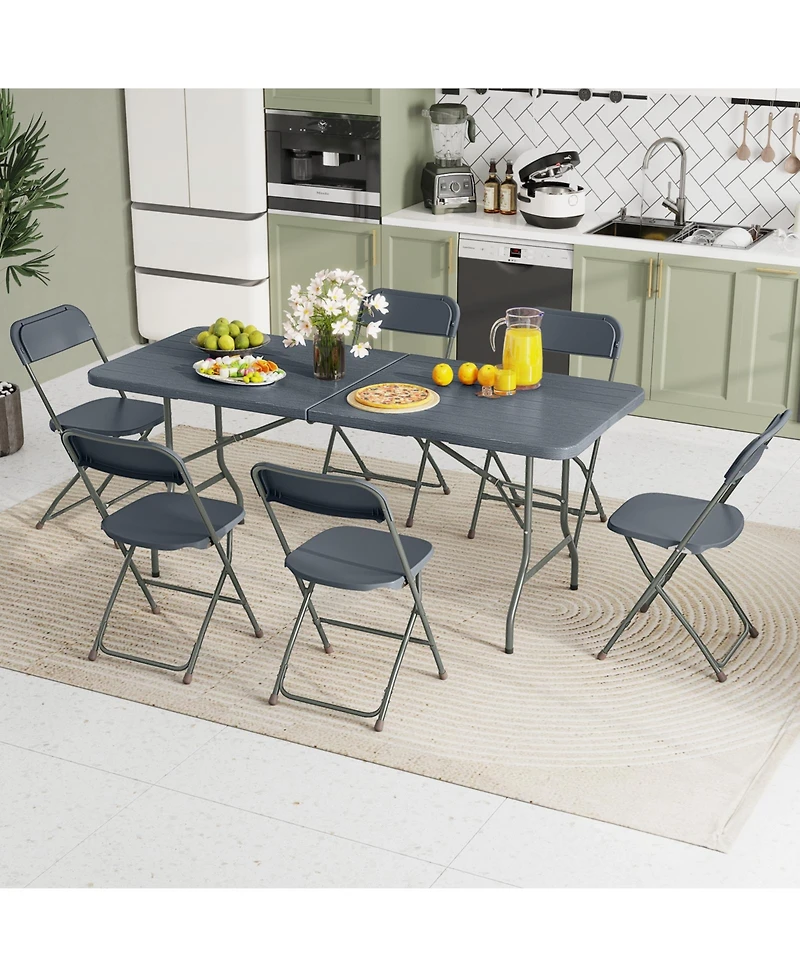 6 Feet Folding Table with Wood Grain Hdpe Tabletop and Safe Lock Mechanism