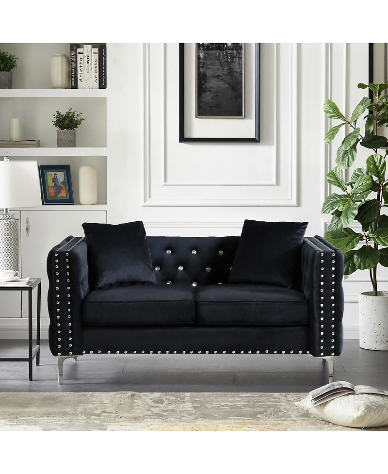 Streamdale 59.4 Inch Wide Velvet Sofa With Jeweled Buttons, Square Arm, 2 Pillows