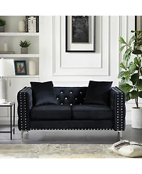 Streamdale 59.4 Inch Wide Velvet Sofa With Jeweled Buttons, Square Arm, 2 Pillows