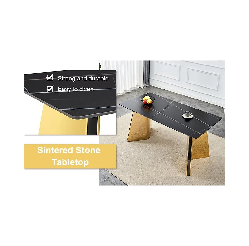 Streamdale Black Sintered Stone Table & 6 Pu Chairs - Golden Accents