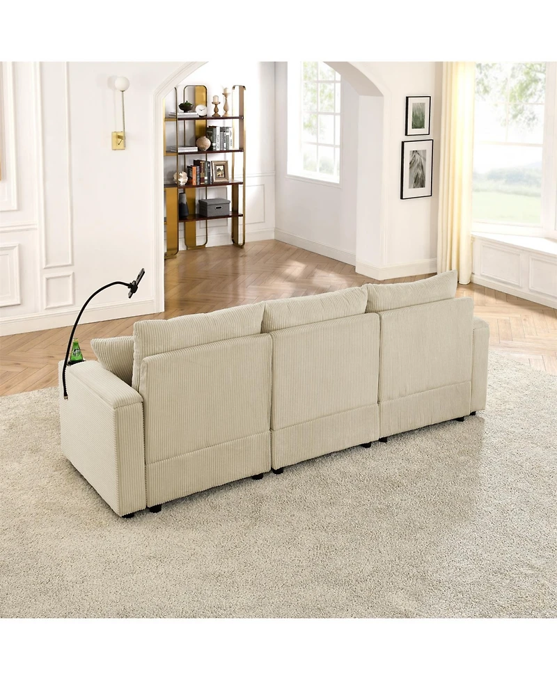 Streamdale L-Shaped Corduroy Sofa with Ottoman, Storage & Cup Holders