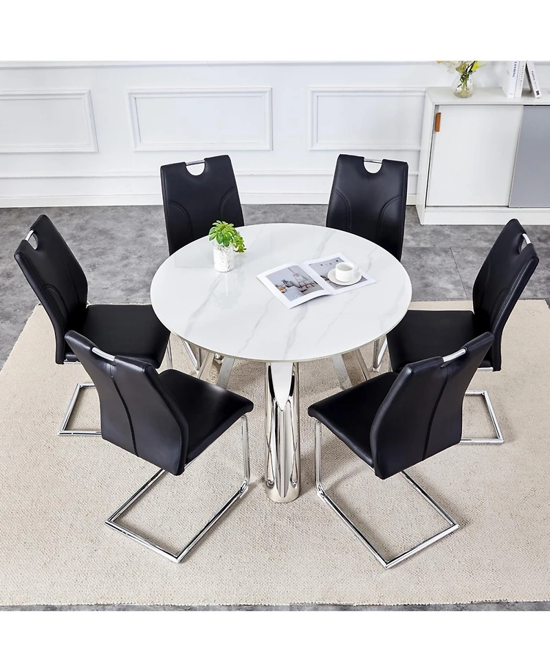 Streamdale Stylish 42" Round Table & 6 Black Dining Chairs with Metal Legs