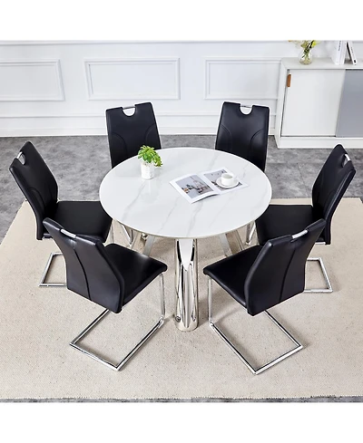Streamdale Stylish 42" Round Table & 6 Black Dining Chairs with Metal Legs