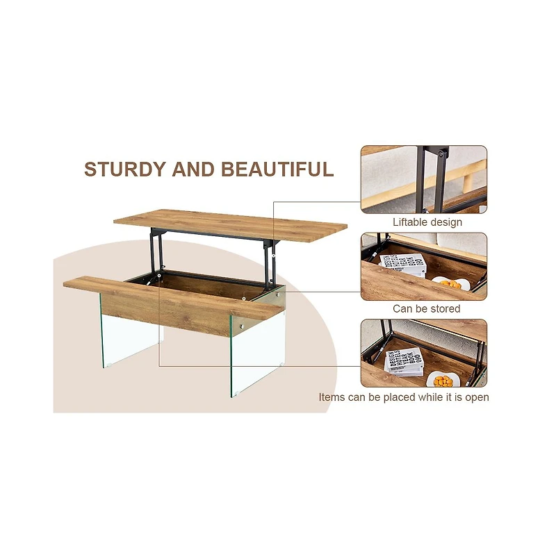 Streamdale Multifunctional Lift Top Coffee Table with Glass Legs and Wood Grain Sticker, Perfect for Modern Home and Office