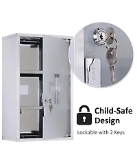 Wall Mounted Medicine Cabinet, Locking Wall Cabinet with 3 Tier Shelves, Stainless Steel Frame and Glass Door, Lockable with 2 Keys, Silver, 12"