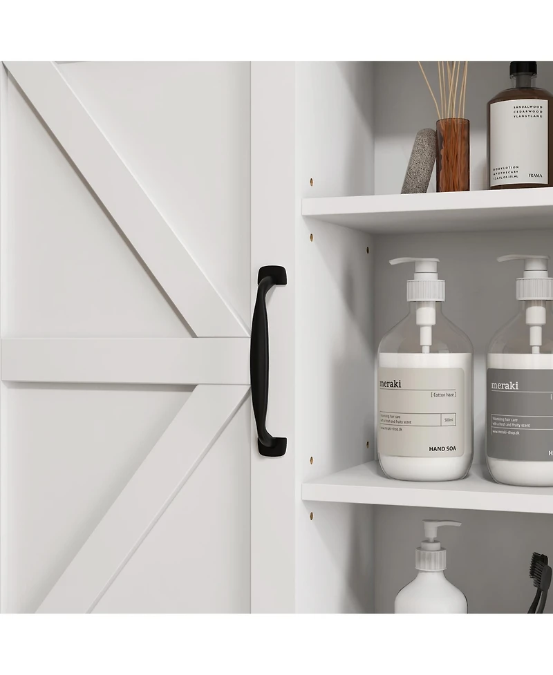 Farmhouse Bathroom Wall Cabinet, Medicine Cabinet with Sliding Barn Door and Adjustable Shelf, Over the Toilet Cabinet, White