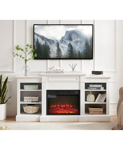 Media Console Table with Large Storage Cabinet, with 23" Fireplace Insert, for Tv Up to 70'', Modern Tv Media Entertaionment Stand, White, 65.75&