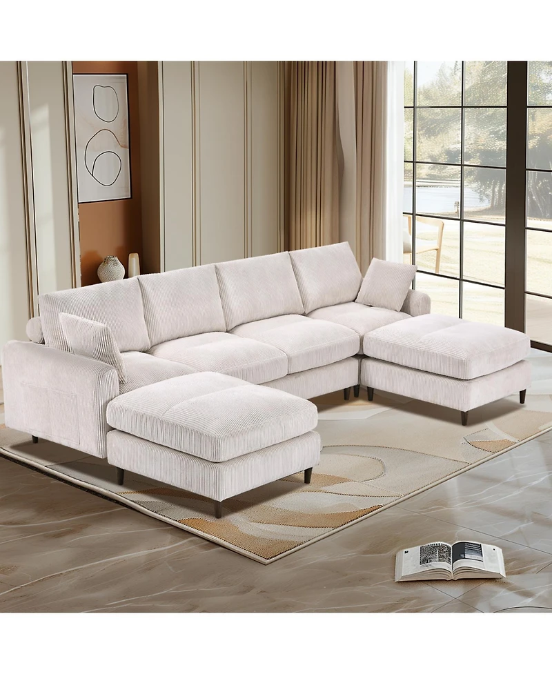 Streamdale Modern Corduroy Sectional Sofa with Footstool (White, 6-Seat)