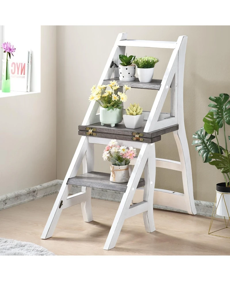 Streamdale Solid Wood Foldable Ladderchair Dual Purpose Stepladders Step Display Stand Flower Stand forHome,Library,Kitchen