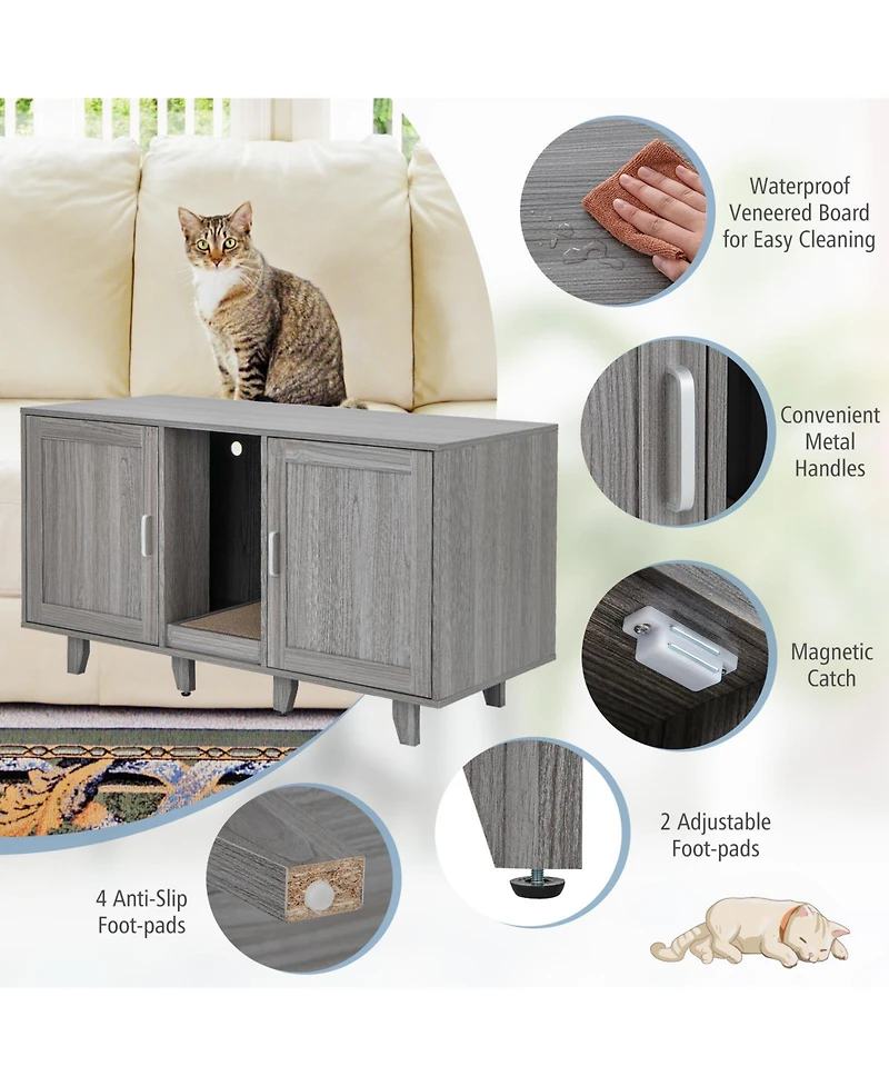 2-Door Cat Litter Box Enclosure with Winding Entry and Scratching Board