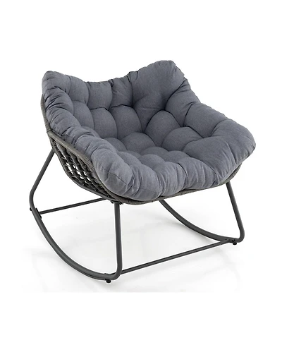 Outdoor Rocking Chair Oversized Patio Pe Wicker Egg Chair with Cushion-Gray