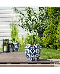 LuxenHome Blue and White Flower Pattern Round Tapered -Inch Tall Mgo Planter