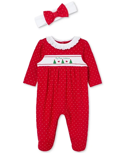 Little Me Baby Girls Dainty Trees Cotton Footed Coverall & Headband, 2 Piece Set