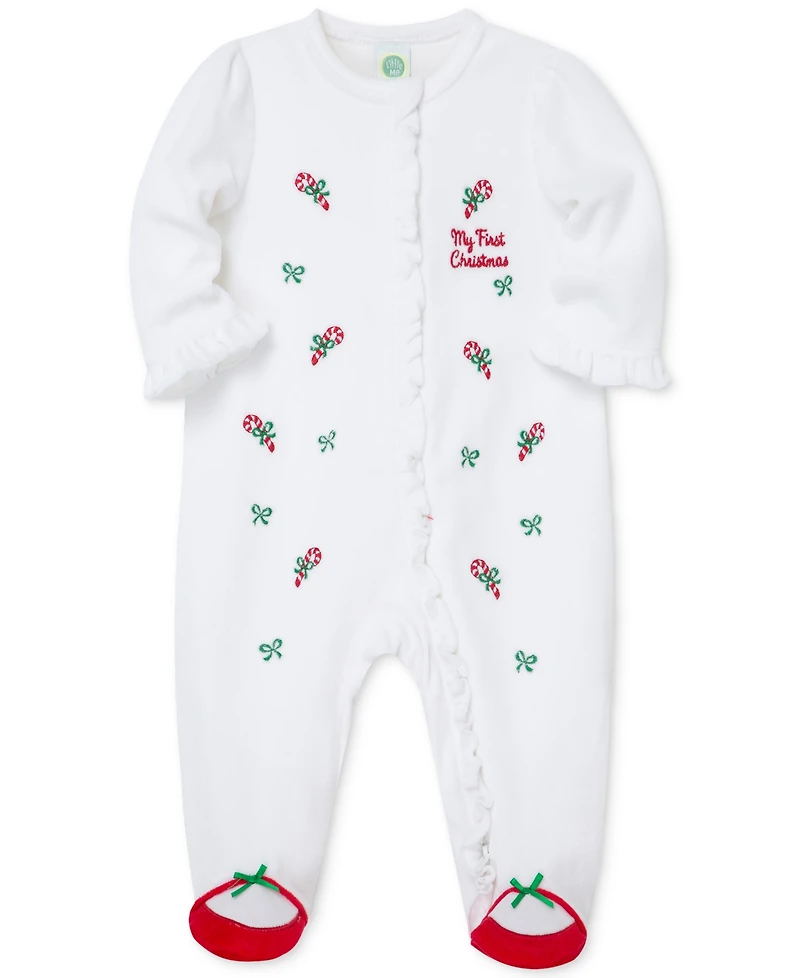 Little Me Baby Girls Candy Cane Velour Footed Coverall