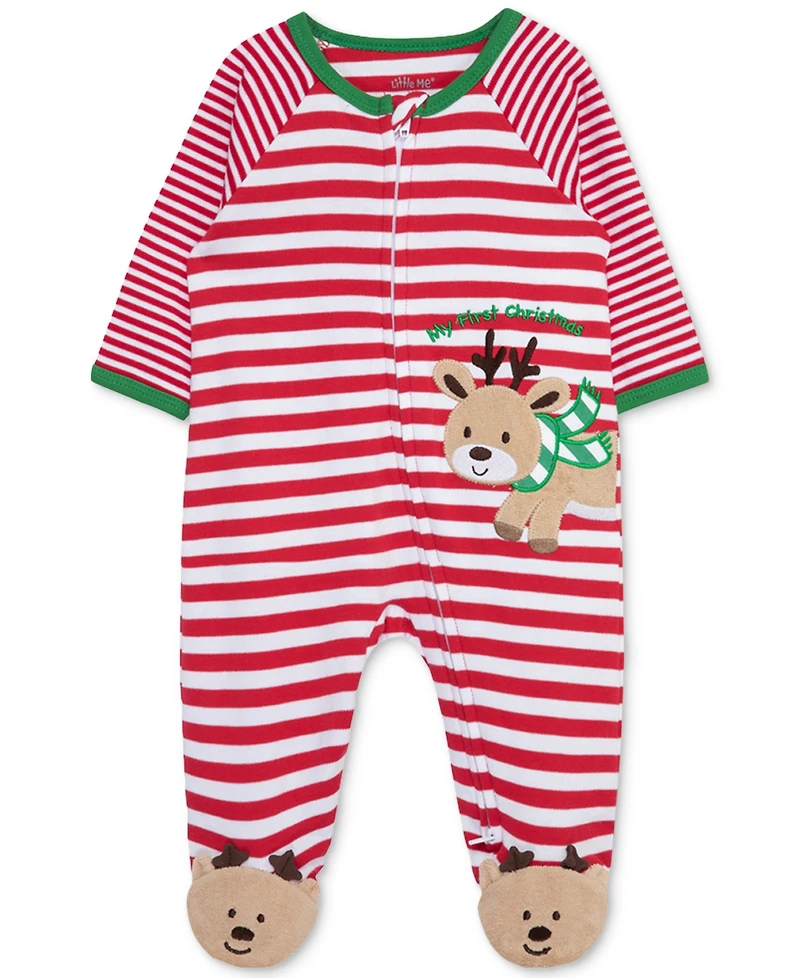 Little Me Baby My 1st Christmas Reindeer Cotton Striped Footed Coverall