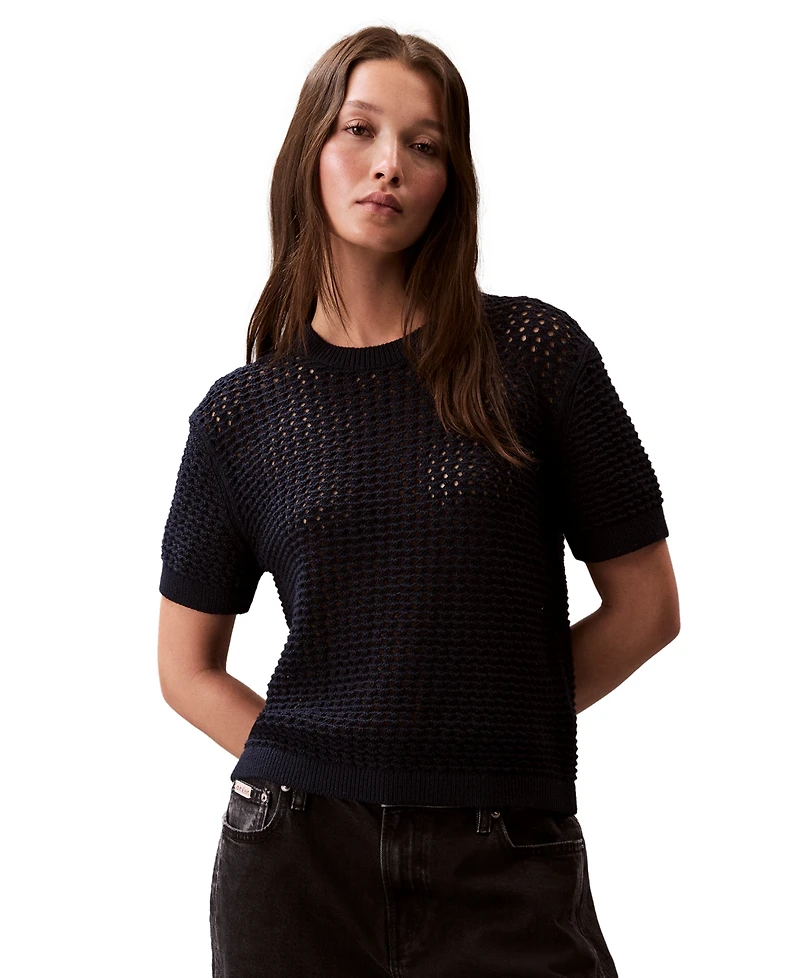 Calvin Klein Jeans Women's Cotton Open-Stitch Short-Sleeve Sweater