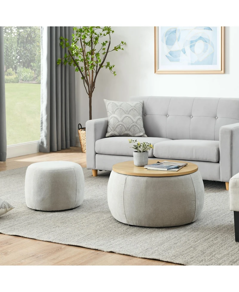 Streamdale Furniture Round Storage Ottoman, 2 in 1 Function, Work as End table and Ottoman,with small seat,Light grey(25"x25"x14.7")