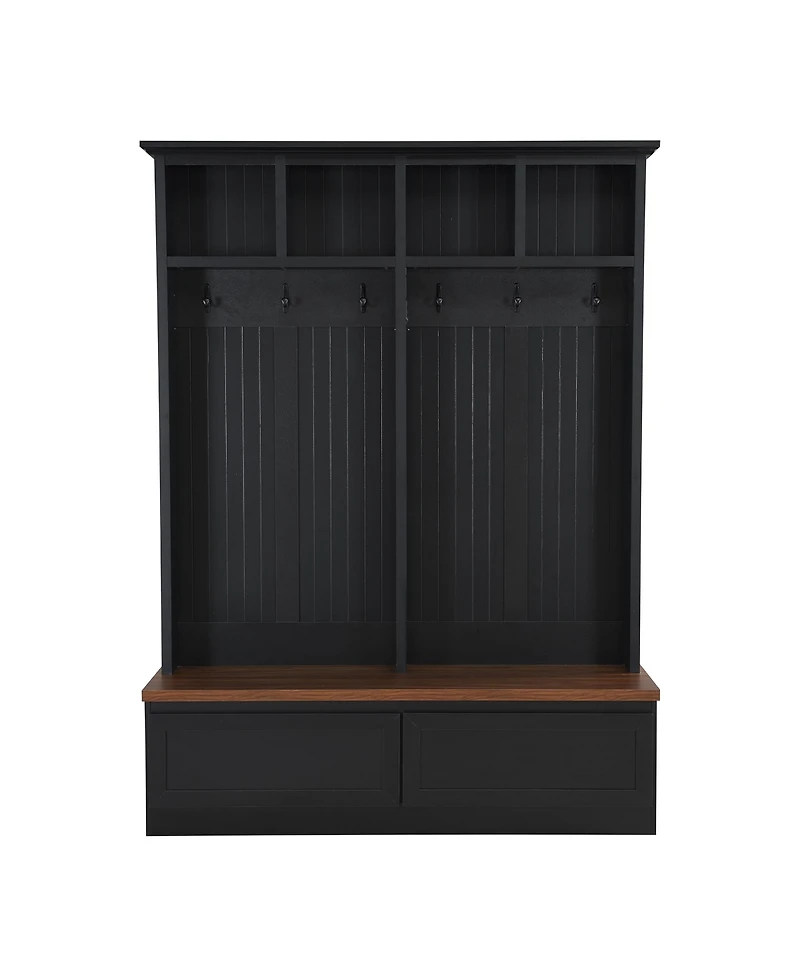 Farmhouse 4-in-1 Hall Tree with Wood Grain Bench, Mudroom Versatile Coat Rack with 2 Large Drawers, Large Entrance Organizer with 6 Black Hooks for Ha