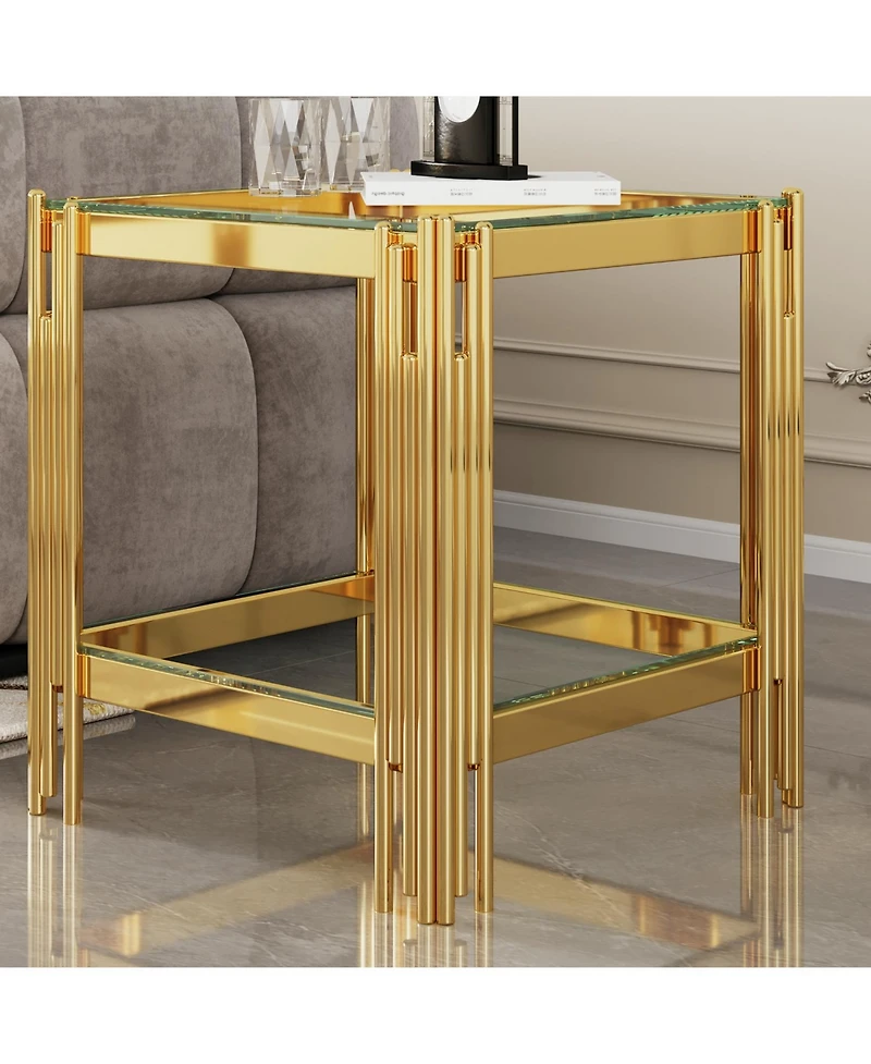 Streamdale Top and Bottom Double Layer Tempered Glass End Table and Mirror Finished Stainless Steel Frame