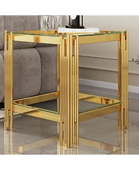 Streamdale Top and Bottom Double Layer Tempered Glass End Table and Mirror Finished Stainless Steel Frame