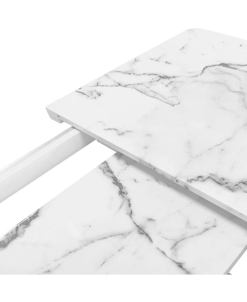 Streamdale Modern Square Dining Table, Stretchable, Printed White Marble Table Top+Mdf Black X-Shape Table Leg with Metal Base
