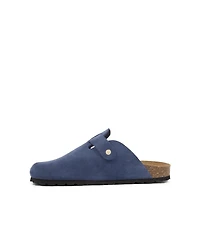 Stud strap clog with modern buckle.