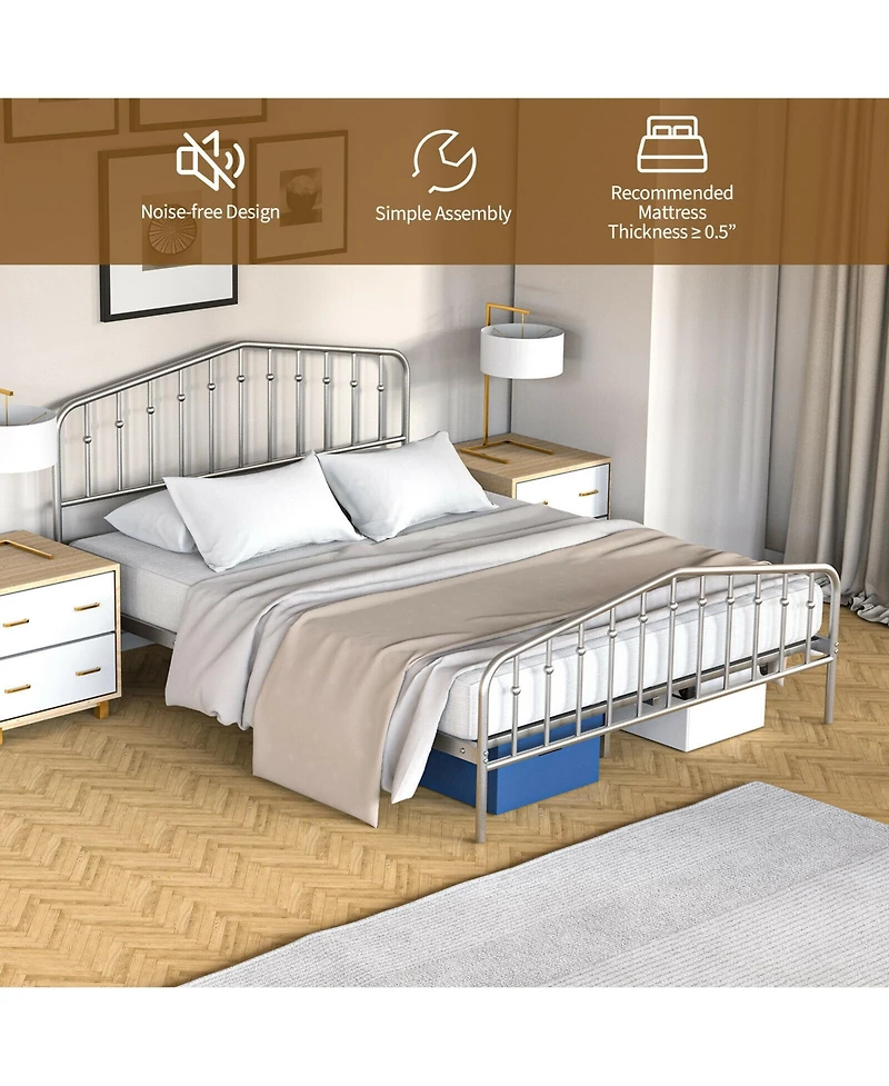 Gymax Queen Size Metal Bed Frame Platform Headboard & Footboard W/Storage Sliver