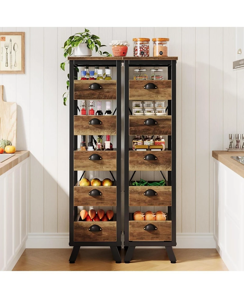 Tribesigns Wood Fruit and Vegetable Storage Rack Set of 2, 5-Tier Narrow Snack Stand Kitchen Stand Fruit Basket, Pull-Out Utility Organizer for Kitche