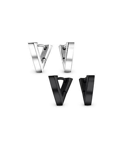 Bling Jewelry Set of 2 Geometric Triangle V-Shaped Black Hoop Huggie Earrings Stainless Steel
