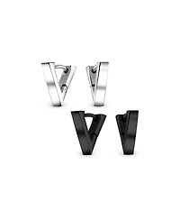 Bling Jewelry Set of 2 Geometric Triangle V-Shaped Black Hoop Huggie Earrings Stainless Steel