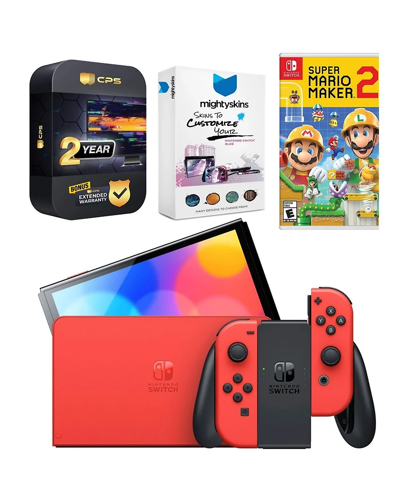 Nintendo Switch Oled Mario Red Edition with Mario Maker 2, MightySkins Console and Controller Skin Voucher and 2 Year Cps Extended Warranty