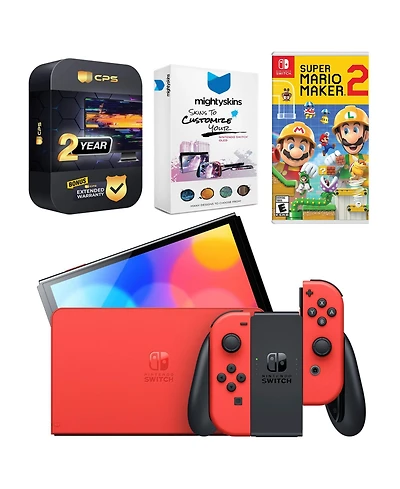 Nintendo Switch Oled Mario Red Edition with Mario Maker 2, MightySkins Console and Controller Skin Voucher and 2 Year Cps Extended Warranty