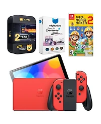 Nintendo Switch Oled Mario Red Edition with Mario Maker 2, MightySkins Console and Controller Skin Voucher and 2 Year Cps Extended Warranty