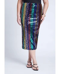 Eloquii Women's Rainbow Striped Sequin Midi Skirt