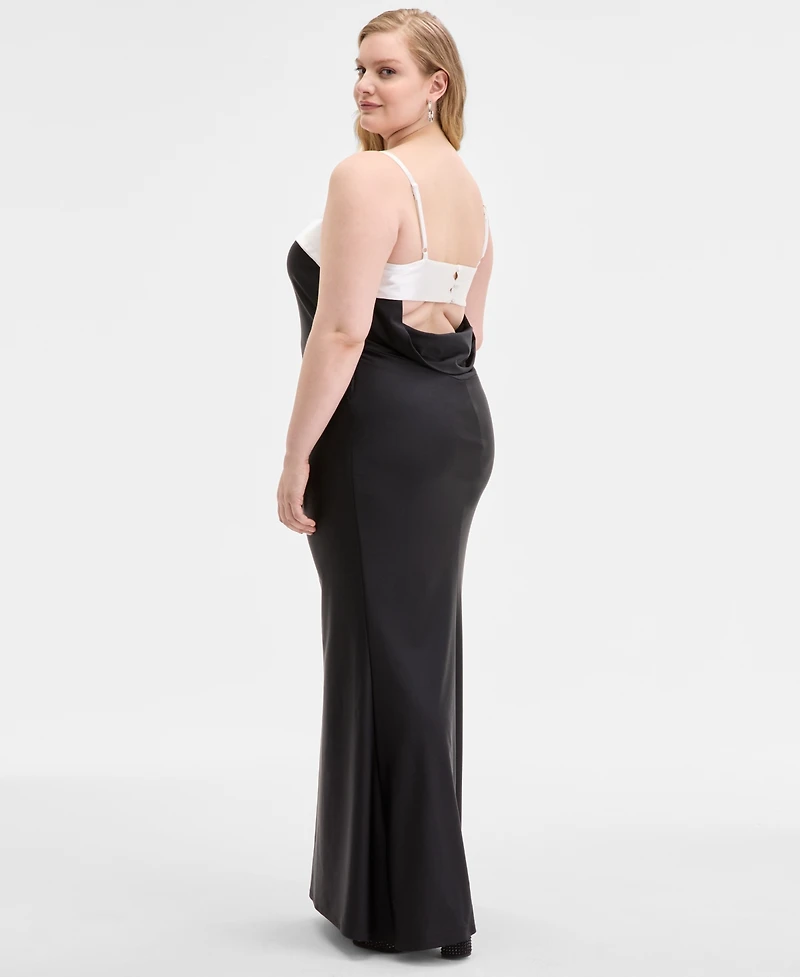 City Studios Trendy Plus Overlay-Band Power-Satin Gown