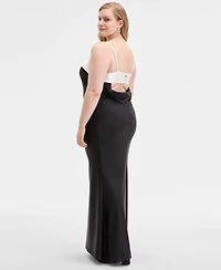 City Studios Trendy Plus Overlay-Band Power-Satin Gown