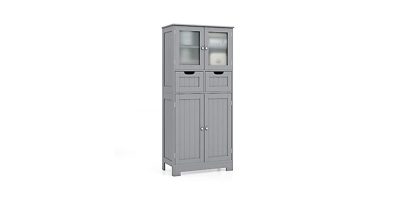 4 Door Freestanding Bathroom Floor Storage Cabinet with 2 Drawers and Glass Doors