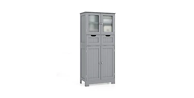 4 Door Freestanding Bathroom Floor Storage Cabinet with 2 Drawers and Glass Doors