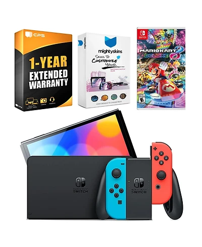 Nintendo Switch Neon Red & Blue Oled Console with Mario Kart 8 Deluxe, MightySkins Console and Controller Skin Voucher