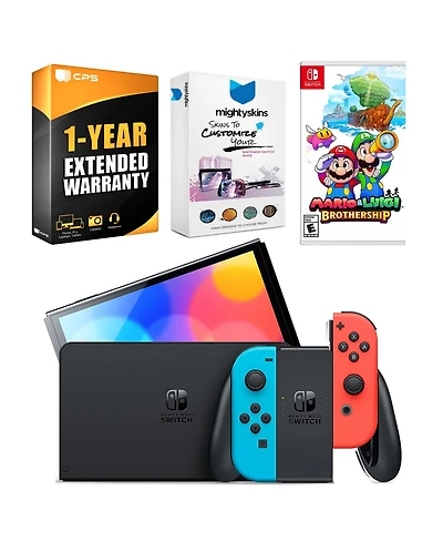 Nintendo Switch Neon Red & Blue Oled Console with Mario & Luigi: Brothership, MightySkins Console and Controller Skin Voucher