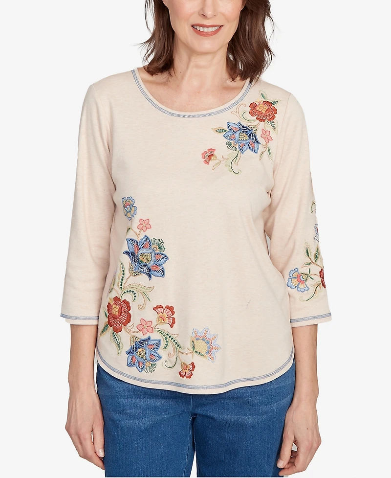 Alfred Dunner Petite El Paso Asymmetrical Floral Embroidered Top