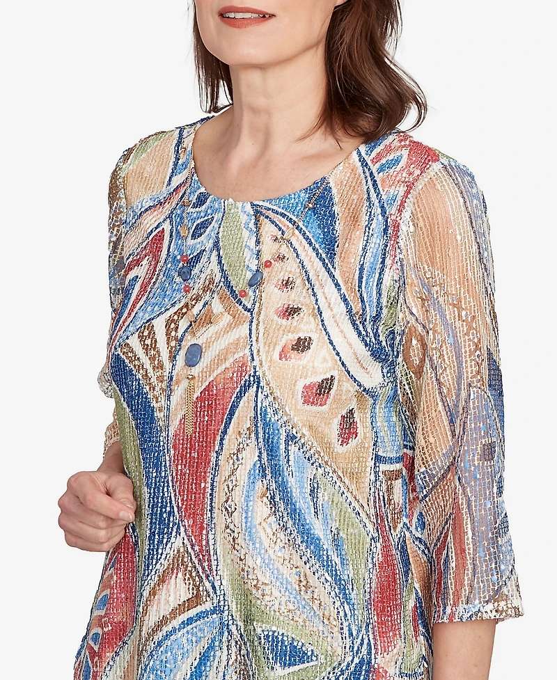 Alfred Dunner Petite El Paso Printed Leaf Textured Top with Necklace