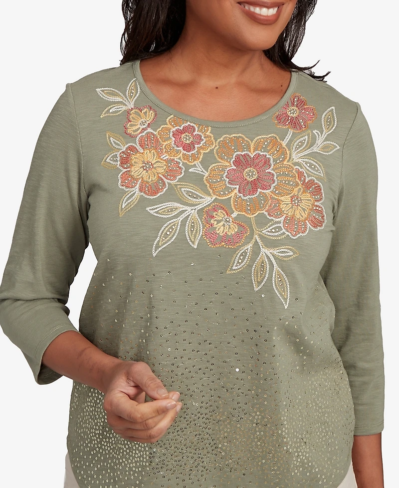 Alfred Dunner Petite Copper Canyon Scattered Sequin Floral Neck Top