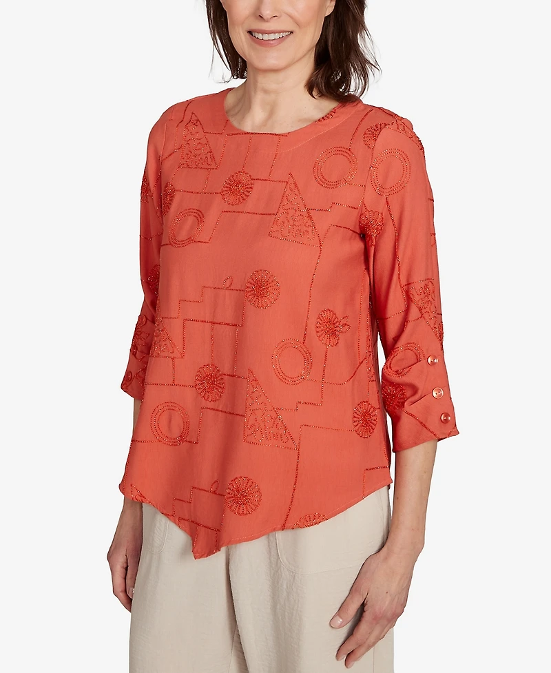 Alfred Dunner Petite Copper Canyon Metallic Embroidered Geometric Top