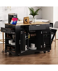 Streamdale Fluted Kitchen Island Cart Trash Storage, Power, Drawers