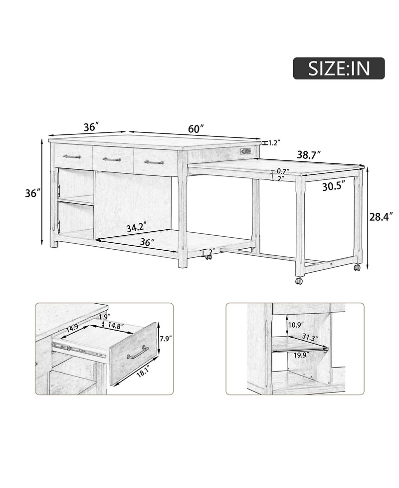 Streamdale Extendable Kitchen Island Cart w/ Power Outlets & Storage